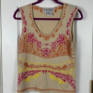 Carlisle tan sleeveless top with pink and orange embroidered design Medium